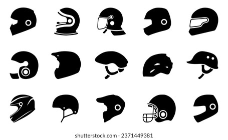 Motorcycle helmet icons. Set of different car helmet icons. Simple vehicle helmet signs. Black helmet icons