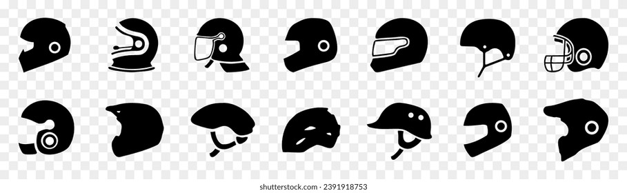 Motorcycle helmet icons. Set of different car helmet icons. Simple vehicle helmet signs. Black helmet icons