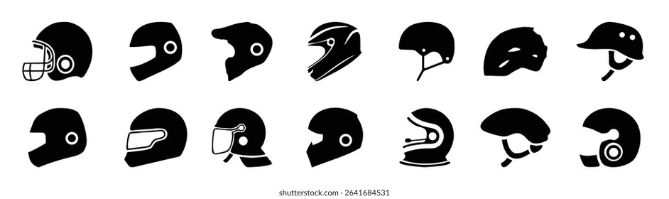 Motorcycle helmet icons. Set of different car helmet icons. Simple vehicle helmet signs. Black helmet icons