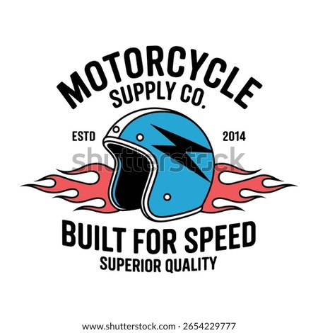 Motorcycle Helmet Logo with Flames and Text on White Background