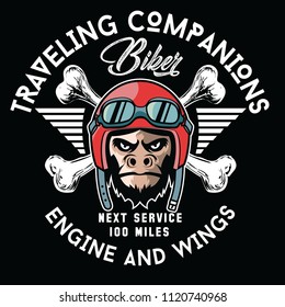 motorcycle helmet monkey.Vector t shirt print design.