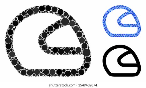 Motorcycle helmet mosaic of circle elements in different sizes and color tones, based on motorcycle helmet icon. Vector circle elements are combined into blue composition.