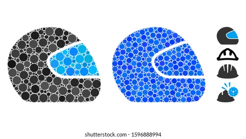 Motorcycle helmet mosaic of circle elements in variable sizes and color tints, based on motorcycle helmet icon. Vector round elements are organized into blue mosaic.