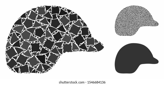 Motorcycle helmet mosaic of raggy pieces in various sizes and color hues, based on motorcycle helmet icon. Vector tuberous pieces are organized into collage.