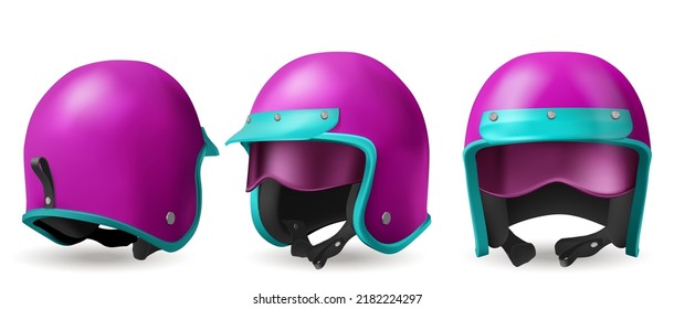 Motorcycle helmet for moto race and ride on scooter. Vector realistic illustration of 3d retro pink helmet with blue visor and glasses in front, back and angle view isolated on white background