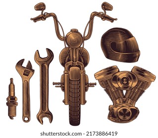 Motorcycle, motorcycle helmet, motor, spark plug, wrenches. Design set. Editable hand drawn illustration. Vector vintage engraving. 8 EPS