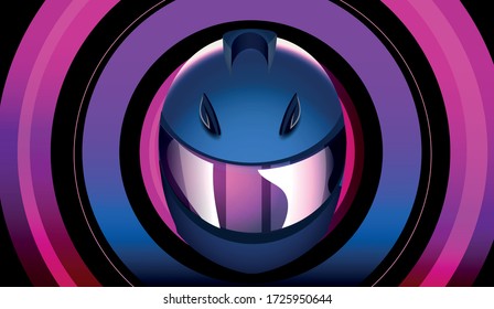 Motorcycle helmet on a background of neon circles. Vector illustration in the retro wave style of the 80s.