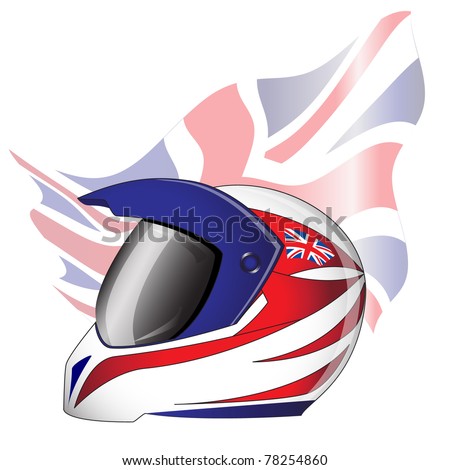 Motorcycle helmet with red, white and blue Union Jack theme British  flag. EPS10 vector format.