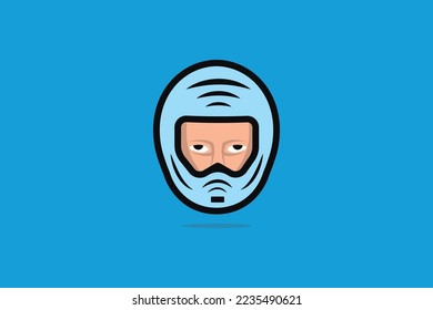 Casco de motocicleta con cabeza de piloto en la ilustración vectorial del casco. Concepto de icono de objeto de seguridad para personas. Diseño vectorial de vista frontal de casco deportivo de motocicleta con sombra sobre fondo azul. Logo del casco de la gente.