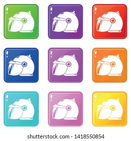 Motorcycle helmet scooter icons set 9 color collection isolated on white for any design
