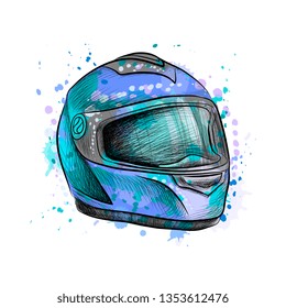 Motorcycle helmet from a splash of watercolor, hand drawn sketch. Vector illustration of paints