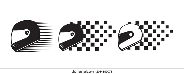 Motorcycle helmet vector icon set. Racing team symbol sign badge template. Helmet and racing flag vector illustration set.