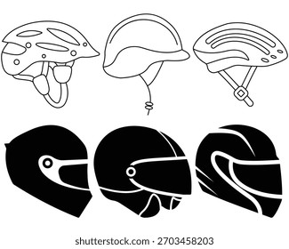  Conjunto de iconos de Vector de casco de motocicleta. Ilustración vectorial de casco de carreras.  