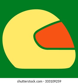 Motorcycle Helmet vector icon. Style is bicolor flat symbol, orange and yellow colors, rounded angles, green background.