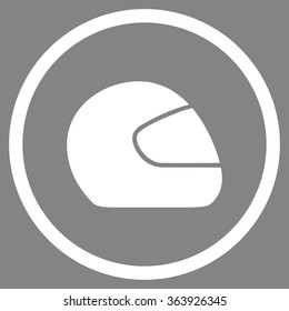 Motorcycle Helmet vector icon. Style is flat circled symbol, white color, rounded angles, gray background.