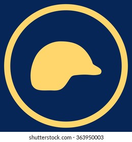 Motorcycle Helmet vector icon. Style is flat circled symbol, yellow color, rounded angles, blue background.