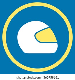 Motorcycle Helmet vector icon. Style is bicolor flat circled symbol, yellow and white colors, rounded angles, blue background.