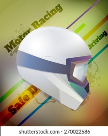Motorcycle helmet white motor racing text, safe driving text, vector illustration