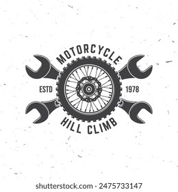 Motorcycle hill climb logo, badge, sticker. Vector illustration. Extreme sport with motorcycle wheel. The images are created without the use of any artificial intelligence software at any stage.