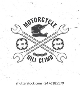 Motorcycle hill climb logo, badge, sticker. Vector. Extreme sport with motorcycle helmet, chains, brake disc and wrenches. Monochrome style