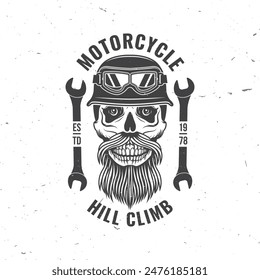 Motorcycle hill climb logo, badge, sticker. Vector illustration. Extreme sport with motorcycle helmet, skull, glasses and wrenches. Monochrome style