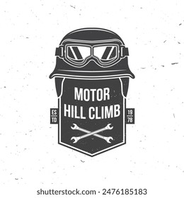 Motorcycle hill climb logo, badge, sticker. Vector illustration. Extreme sport with motorcycle helmet, glasses and wrenches. Monochrome style