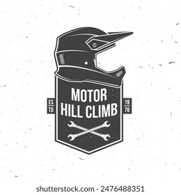 Motorcycle hill climb logo, badge, sticker. Vector illustration. Extreme sport with motorcycle helmet, glasses and wrenches. Monochrome style