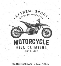 Motorcycle hill climb logo, badge, sticker. Vector. Extreme sport with motorbike for extreme jump and race in mountains. Monochrome style