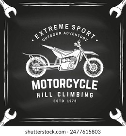 Motorcycle hill climb logo, badge, sticker on the chalkboard. Vector. Extreme sport with motorbike for extreme jump and race in mountains. Monochrome style