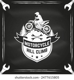 Motorcycle hill climb logo, badge, sticker on the chalkboard. Vector illustration. Extreme sport with motorbike for extreme jump and race in mountains. Monochrome style man riding in helmet on a