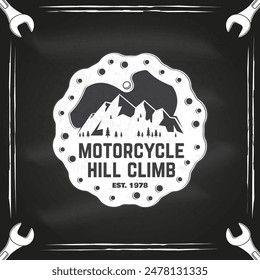 Motorcycle hill climb logo, badge, sticker on the chalkboard. Vector illustration. Extreme sport with brake disc in mountains. Monochrome style brake disc with mountains