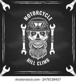 Motorcycle hill climb logo, badge, sticker on the chalkboard. Vector illustration. Extreme sport with motorcycle helmet, skull, glasses and wrenches. Monochrome style