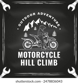 Motorcycle hill climb logo, badge, sticker on the chalkboard. Vector illustration. Extreme sport with motorbike for extreme jump and race in mountains. Monochrome style man riding in helmet on a