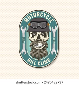 Motorcycle hill climb logo, badge, sticker. Vector. Extreme sport with motorcycle helmet, skull, glasses and wrenches