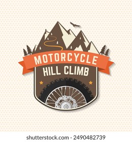 Motorcycle hill climb logo, badge, sticker. Vector. Extreme sport with motorcycle wheel and mountains