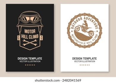 Motorcycle hill climb posters. Vector. Extreme sport template with motorcycle, wheel and wrenches.