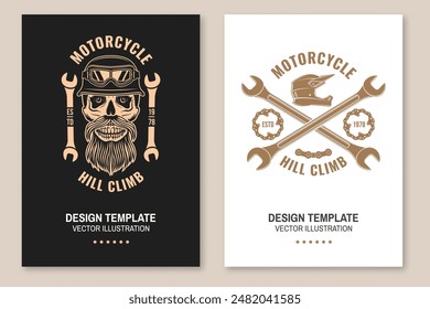 Motorcycle hill climb posters. Vector. Extreme sport template with motorcycle, wheel and wrenches.