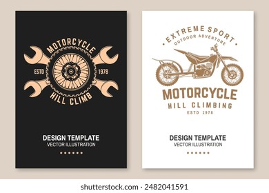 Motorcycle hill climb posters. Vector. Extreme sport template with motorcycle, wheel and wrenches.