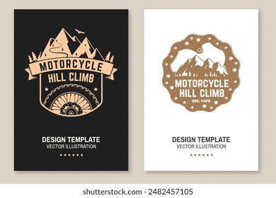 Motorcycle hill climb posters. Vector. Extreme sport template with wheel, mountain and brake disc.