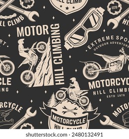 Motorcycle hill climb seamless pattern or background. Vector. Fabric, texture, wallpaper with motorcycle helmet, glasses, bike, mountain and wrenches.