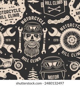 Motorcycle hill climb seamless pattern or background. Vector. Fabric, texture, wallpaper with motorcycle helmet, skull, glasses, bike, mountain and wrenches.