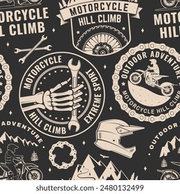 Motorcycle hill climb seamless pattern or background. Vector. Fabric, texture, wallpaper with motorcycle helmet, skeleton hand, glasses, bike, mountain and wrenches.