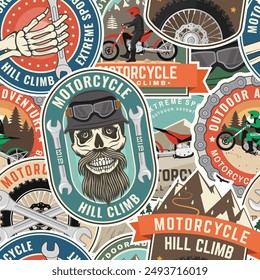 Motorcycle hill climb seamless pattern or background. Vector. Extreme sport with motorbike for extreme jump and race in mountains