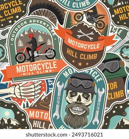 Motorcycle hill climb seamless pattern or background. Vector. Extreme sport with motorbike for extreme jump and race in mountains