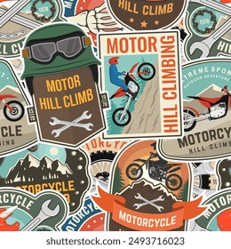 Motorcycle hill climb seamless pattern or background. Vector. Extreme sport with motorbike for extreme jump and race in mountains