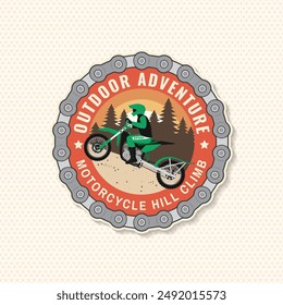 Motorcycle hill climb sticker. Vector. Sport patch with Man riding motorcycle in mountains