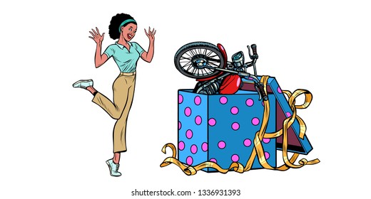 motorcycle holiday gift box. African woman funny reaction joy. isolate on white background. Pop art retro vector illustration vintage kitsch 50s 60s