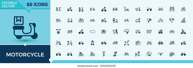 Motorcycle icon collection. Icons isolated, silhouette, electric, classic, ride, healthy, bicycle, transport. Icons for UI. Editable vector outline and solid icons.