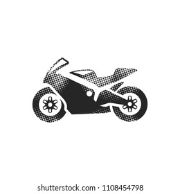 Motorcycle icon in halftone style. Black and white monochrome vector illustration.