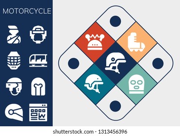 motorcycle icon set. 13 filled motorcycle icons.  Collection Of - Helmet, Traffic, Transportation, Accident, Roller skate, Balaclava